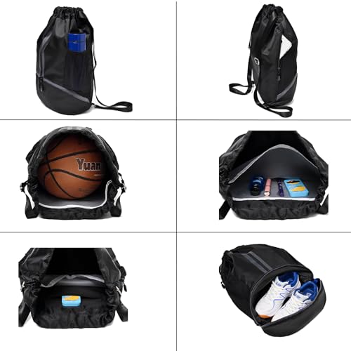 Black Drawstring Gym Bag for Men and Women Waterproof Sport Backpack with Shoes Compartment