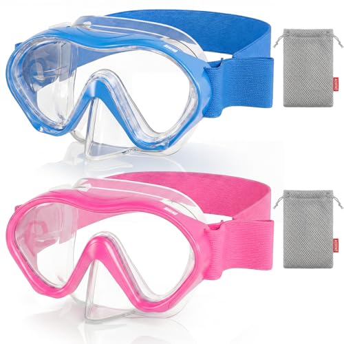 Kids Swim Goggles with Nose Cover - Blue & Rose Red 2 Pack, Anti-Fog, No Leak, 180° View