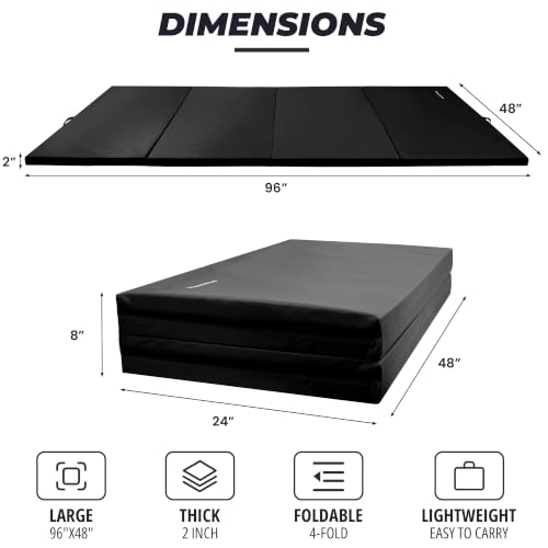 Black HulkFit 4x8 Folding Gymnastics Mat - 2 Inch Thick Exercise Tumbling Pad for Home Gym