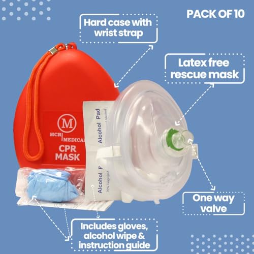 CPR Training Mask Set 10-Pack for Adult and Child with Hard Case and Strap - Latex-Free
