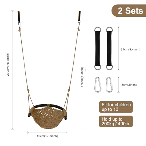 JKsmart 2 Pack Kids Swing Seat with Adjustable Rope & Safety Hooks, Heavy Duty Indoor/Outdoor Toddler Swing Brown