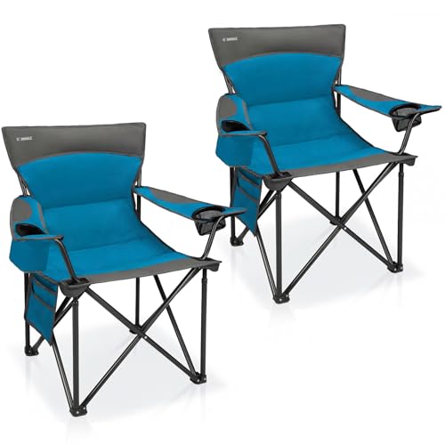 Blue Oversized Camping Chairs 2-Pack with Padded Seats & Cup Holders - Heavy Duty Folding Outdoor Lounge Chairs