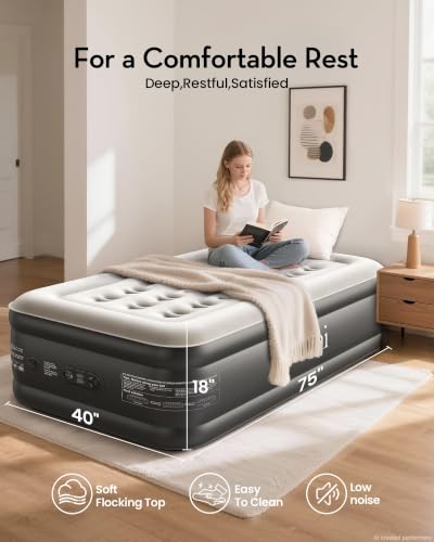 OhGeni Twin Air Mattress with Built-In Pump, 18 Inch Raised Bed - Black, Twin