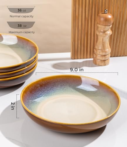 Ceramic Pasta Bowls Set of 4 - 9 Inch, 38oz Large Stoneware, Khaki