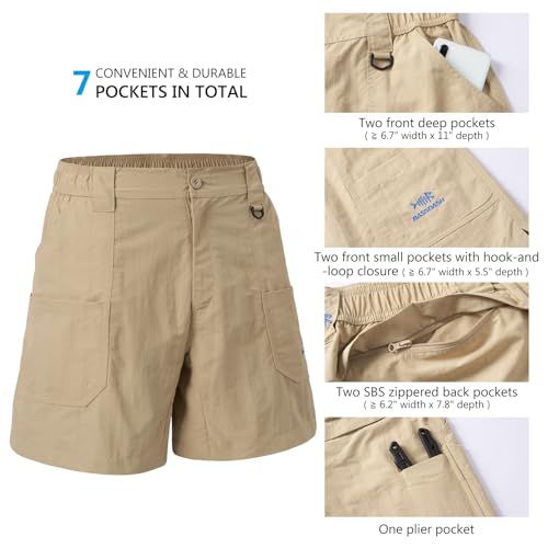 Men's Fishing Shorts UPF 50+ Water Resistant Quick Dry Cargo Shorts - Khaki, 6-Inch Inseam, Large