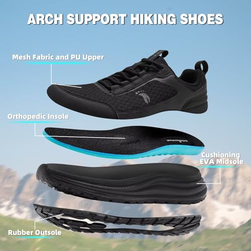 OrthoComfoot Women's Orthopedic Trail Running Shoes Black W1-7 Arch Support for Plantar Fasciitis