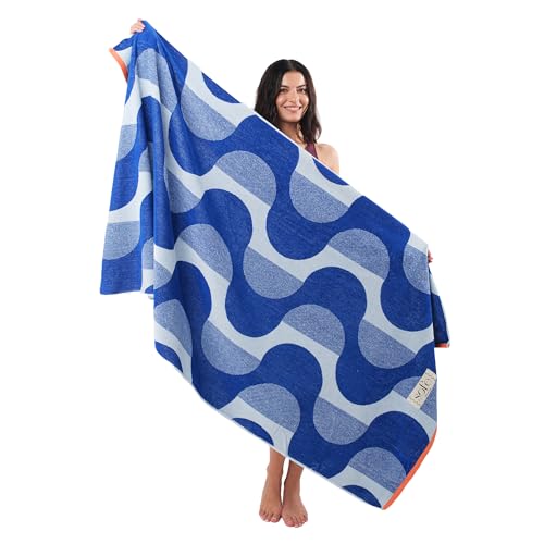 SOFE H&L Playa Velour Large Beach Towels Set of 2 - Waves Blue, 35"x70" Luxury Turkish Pool Towels with Shoulder Strap