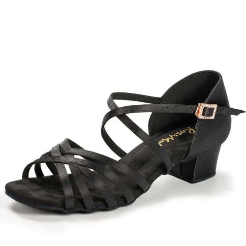 RoseMoli Women's Satin Latin Dance Shoes Low Heel Ballroom Salsa Tango Practice - Black 8