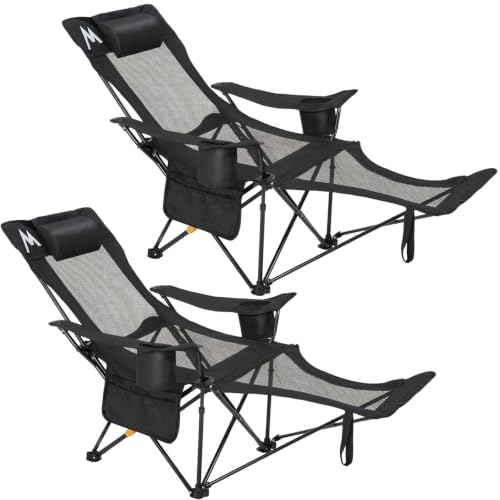 Overmont 2 Pack Reclining Camping Chairs with Footrest – Lightweight & Portable, Black