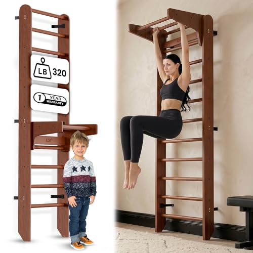 Walnut Swedish Ladder Wall Bars with Adjustable Pull-Up & Dip Station