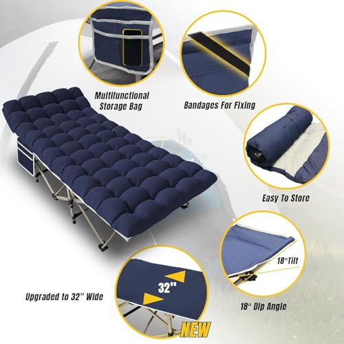 Yellow Jacket Blue Camping Cot Bed for Adults, 32-Inch Wide Portable Folding Outdoor Bed, Supports 600LBS