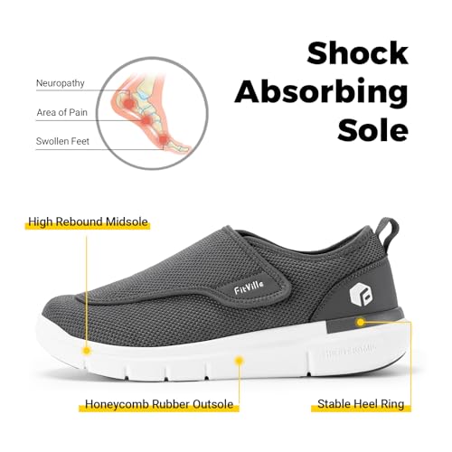 FitVille Extra Wide Diabetic Slip-On Shoes for Men Gray 11 Wide Deep – Swollen Feet, Pain Relief, Adjustable Walking Footwear