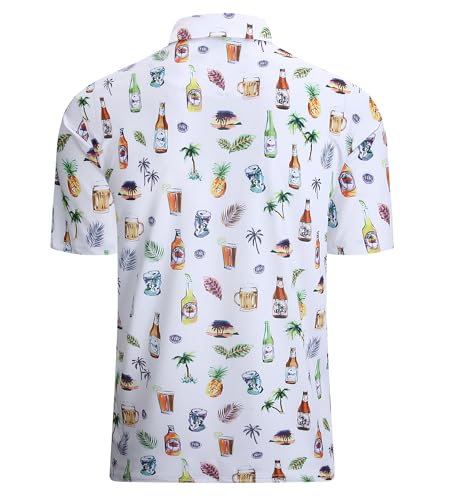 Men's Hawaiian Golf Shirt Moisture-Wicking Digital Print Polo Large White Beer