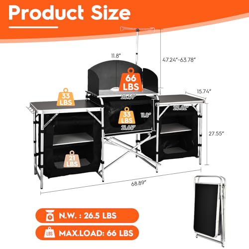 Camping Kitchen Table with Storage & Windshield - Black, Foldable Aluminum
