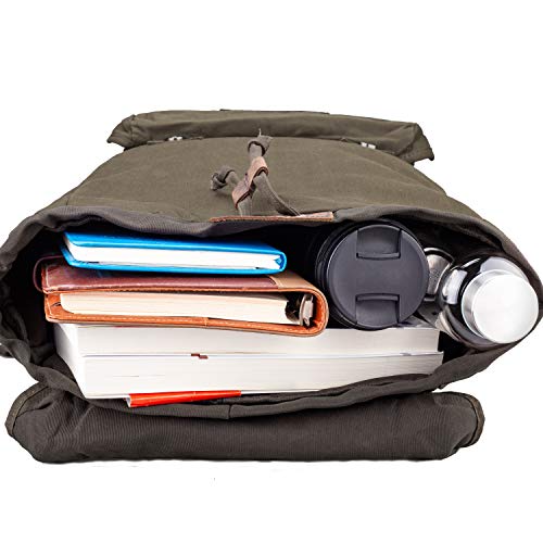 Green Waterproof Waxed Canvas Backpack for Men Travel Rucksack with Leather Trim - One Size