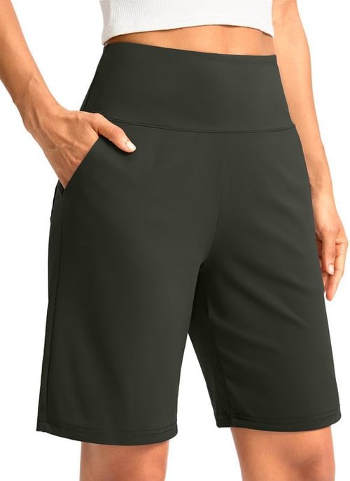 G Gradual Women's Bermuda Long Shorts - High Waisted, Knee Length with Pockets for Athletic Workouts
