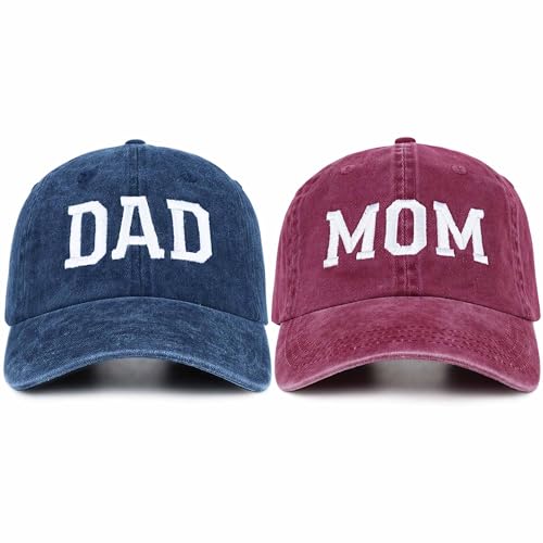 Mom and Dad Hats for New Parents Gift Set - Embroidered Adjustable Baseball Caps, Red Mom & Blue Dad, One Size