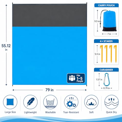 Aqua Blue Sandproof Waterproof Beach Blanket - Extra Large 79 x 55 Inch Outdoor Mat for Travel Camping Hiking