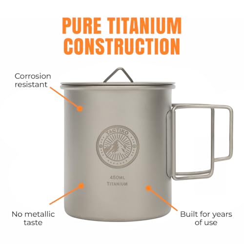 Titanium Camping Mug 15 oz - Ultra Lightweight, Fire Safe, Folding Handle