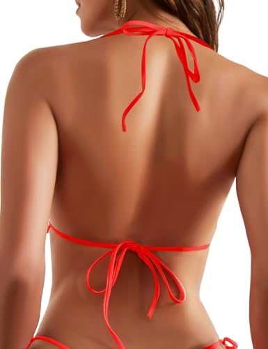 Women Triangle String Bikini Top Halter Swimsuit Medium Red
