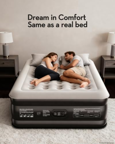 OhGeni 20-Inch Raised Queen Air Mattress with Built-In Pump, Black, 10-Year Support