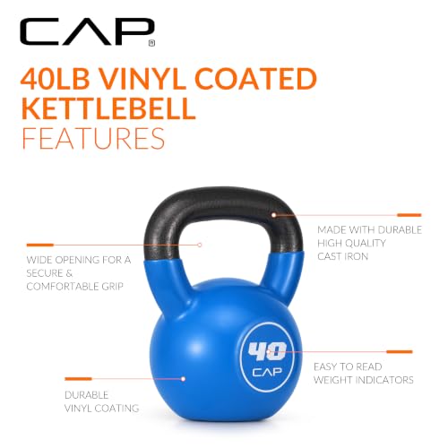 CAP Vinyl-Coated Cast Iron Kettlebell 40 lb Home Gym Strength Equipment
