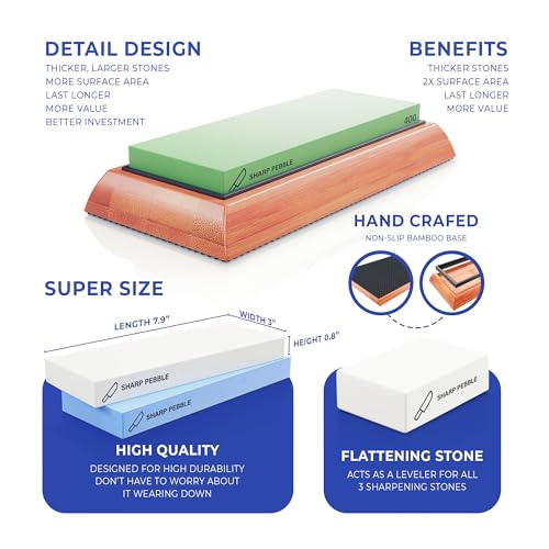 Sharp Pebble 8-inch Whetstone Knife Sharpening Kit with Grits 400/1000/6000 & Flattening Stone