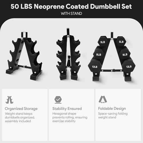 50LBS Neoprene Dumbbell Set with Rack - Non-Slip Hexagon Weights for Home Gym