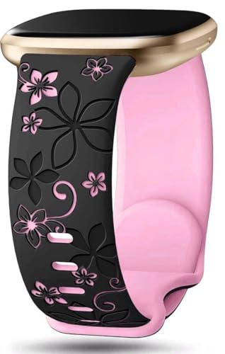 Two-Tone Floral Engraved Silicone Sport Band for Fitbit Versa 3/ Versa 4/ Sense 2 - Black & Hot Pink