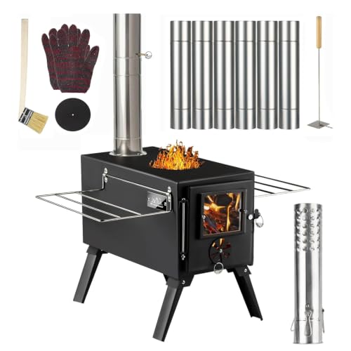 Black Portable Wood Burning Tent Stove with Chimney Pipes for Outdoor Heating and Cooking