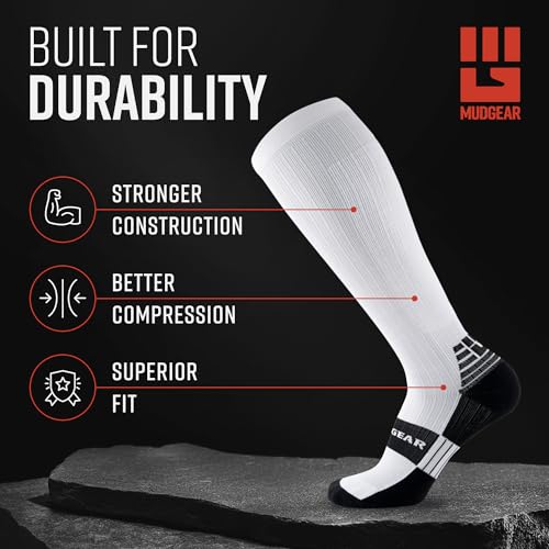 Large White MudGear Graduated Compression Socks - Sweat-Resistant, Cushioned Footbed, USA Made