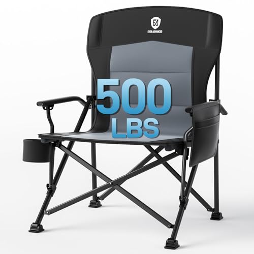 EVER ADVANCED Oversized Folding Camping Chair - Heavy Duty Outdoor Lawn Chair with Side Pockets - Black