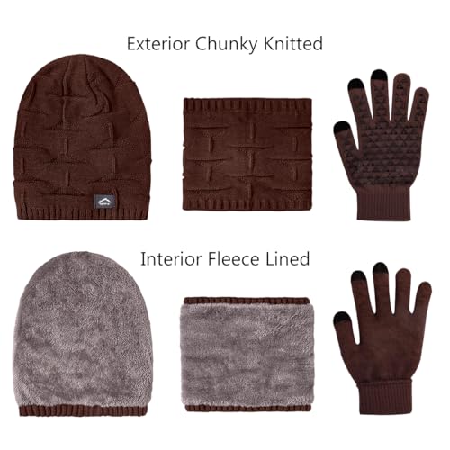 Unisex Winter Beanie Hat Scarf Gloves Set - Brown Knit Slouchy Ski Cap with Fleece Lined Neck Warmer