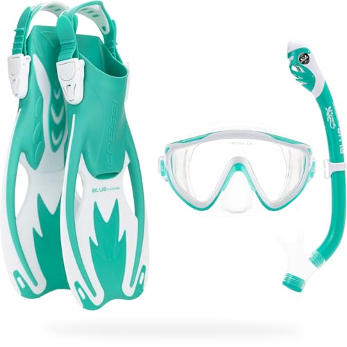 Cressi Kids Snorkeling Set with Adjustable Fins, Silicone Mask & Dry Snorkel Aqua Green/White L/XL