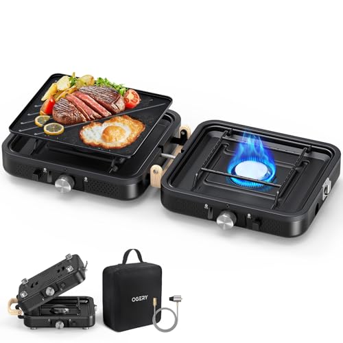 2-Burner Portable Camping Stove with Foldable Griddle & Carrying Bag