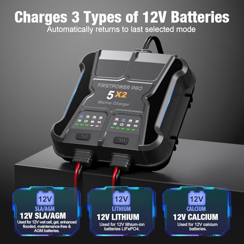 FirstPower Pro 5X2 2-Bank 10A Marine Battery Charger 12V Waterproof Boat Charger