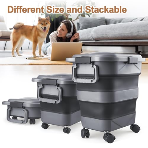 Dark Grey Collapsible Dog Food Storage Container 23-25 lbs with Wheels & Scoop - Large