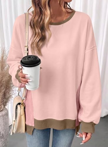 Women’s Oversized Waffle Knit Crew Neck Sweatshirt - Light Pink, Medium