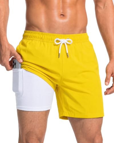 Men's 2-in-1 Quick Dry Swim Trunks with Compression Liner & Pockets - Yellow, Medium