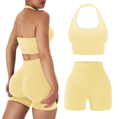 Women’s Workout Sets 2 Piece Halter Sports Bra & Scrunch Butt Shorts - Yellow Medium