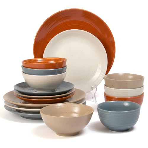 Rustic Mix Sango Siterra 16-Piece Stoneware Dinnerware Set for 4 - Chip Resistant, Microwave & Dishwasher Safe
