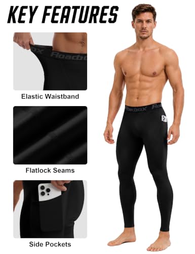 Roadbox Men's Compression Pants with Pockets - Black, Large, Workout Leggings
