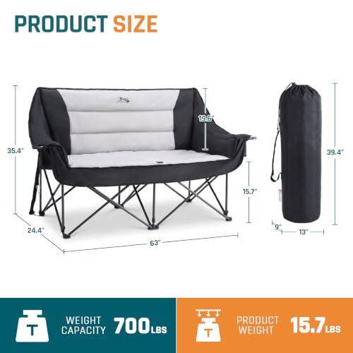 Oversized Padded Double Camping Chair - Black, Folding Outdoor Loveseat