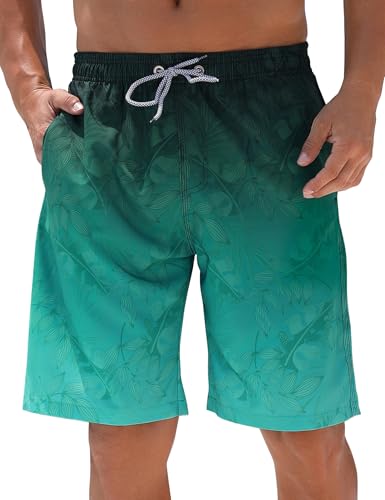 Men's 9 Inch Swim Trunks with Mesh Liner - Large Leaf Gradient Green