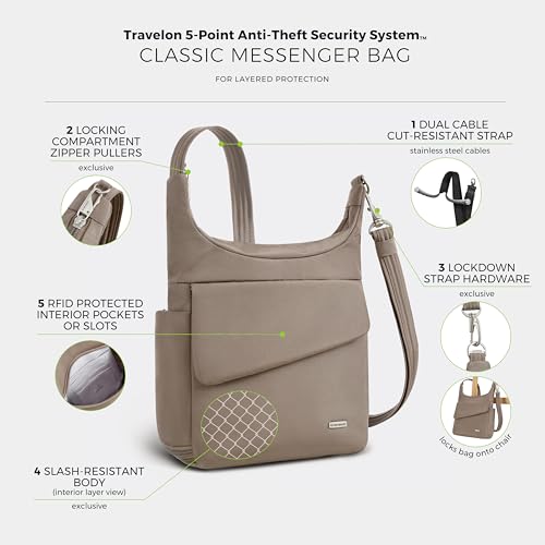 Travelon Hazelnut Anti-Theft Messenger Bag, 9 x 12.5 x 3.5 Inches, Secure Crossbody