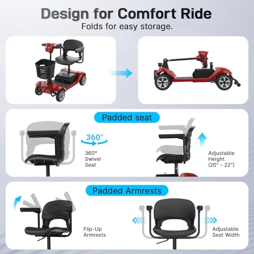 Hoverfly T4 4-Wheel Mobility Scooter for Seniors Adults - Red, 12.4 Mile Range