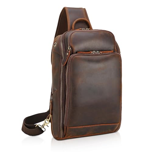 Polare Men's Small Dark Brown Leather Sling Shoulder Bag Travel & Hiking