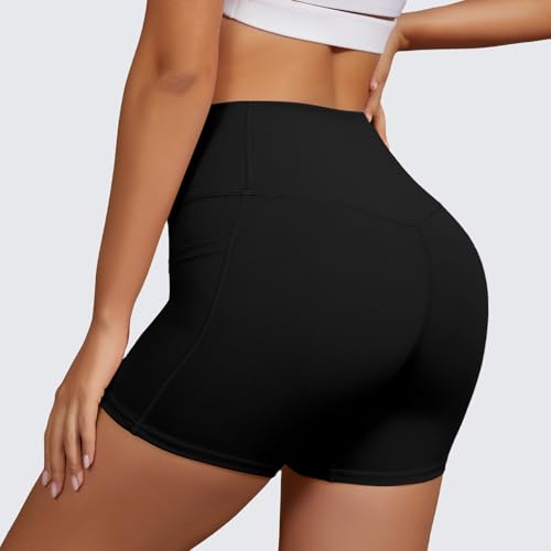 Women's High Waist Biker Shorts with Pockets - No Front Seam Yoga Shorts Black Medium Variation