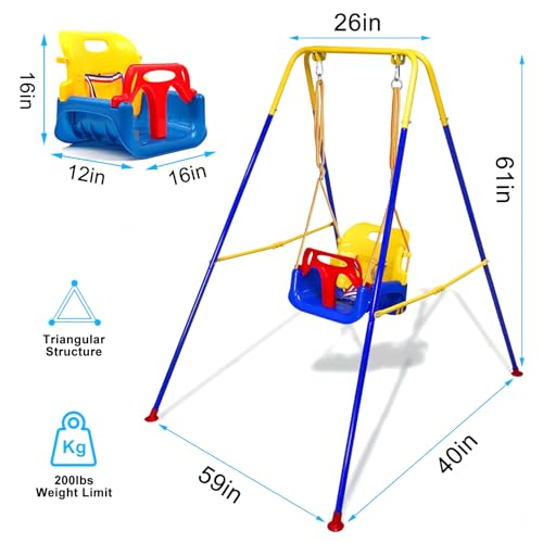 Blue Foldable Toddler Swing Set for Indoor & Outdoor Use with Safety Belt & Space-Saving Design