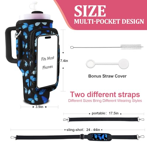 Blue Butterfly Neoprene Water Bottle Carrier for Stanley 30oz/40oz with Phone & Adjustable Strap